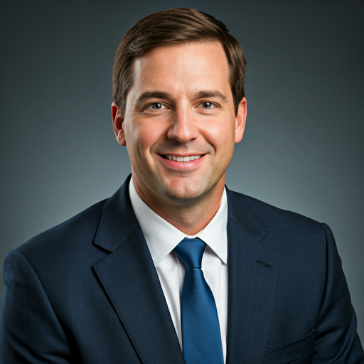 Professional executive headshot with neutral background and soft office lighting